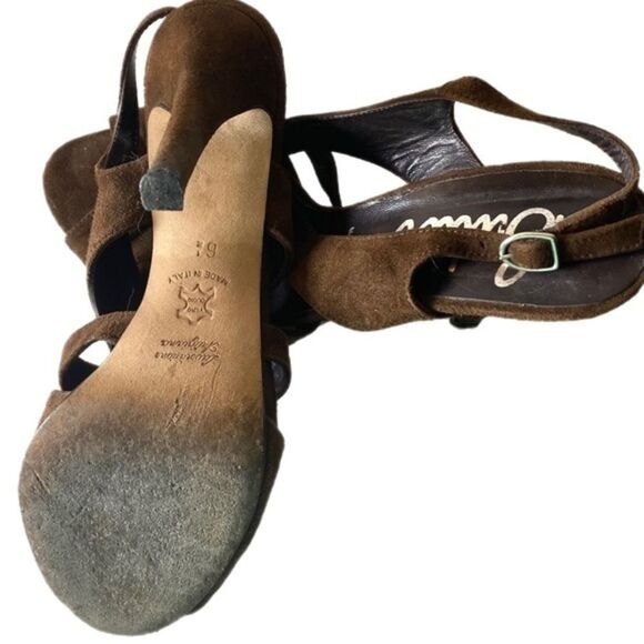 Butter Handmade in Italy Brown Suede Leather Peep Toe Sling Back Heels Sz 6.5 - Picture 6 of 7